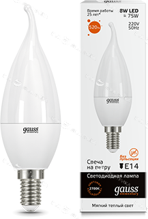 Лампа светодиодная Elementary 8Вт свеча на ветру 3000К тепл. бел. E14 520лм GAUSS 34118