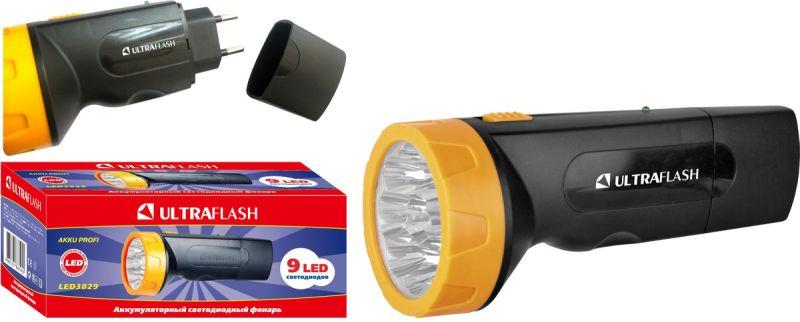 Фонарь Ultraflash LED3829 (аккум 220В, черн /желт, 9 LED, SLA, пластик, коробка) 11240