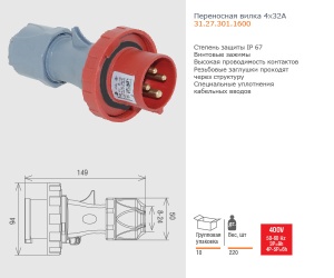 Вилка 3P+E 4x32А 380-415V  31.27.301.1600