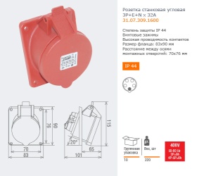 Розетка наклонная скрытая 3P+E 4x32 380-415V  31.27.309.1600
