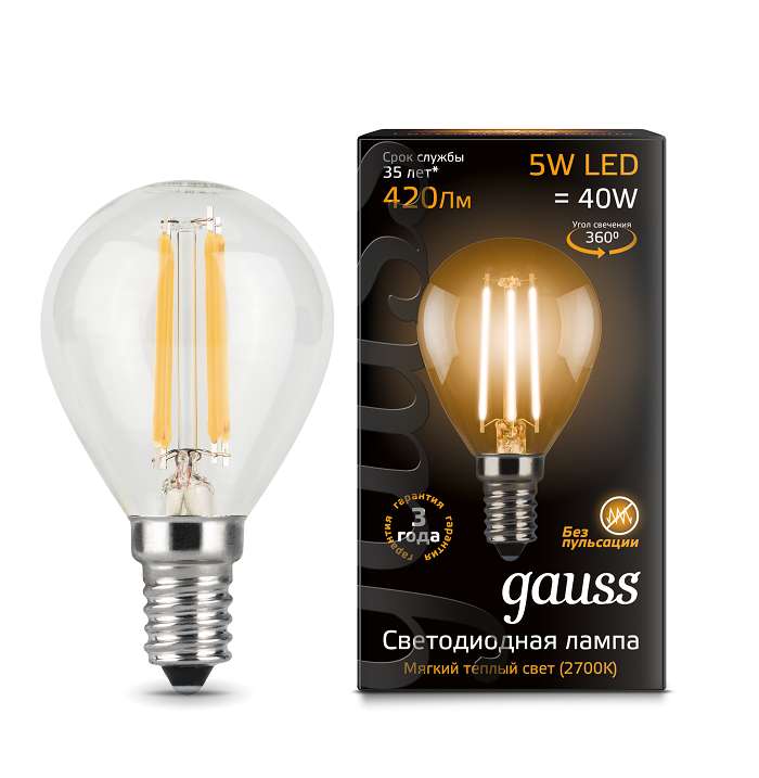 Лампа светодиодная E14- 5W-2700K Gauss LED Filament Globe