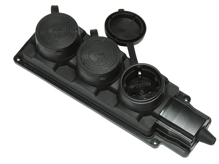 Колодка тройная с заглушками (каучук) 2P+E, 16A, 220-240V, IP44 Колодка тройная с заглушками (каучук) 2P+E, 16A, 220-240V, IP44