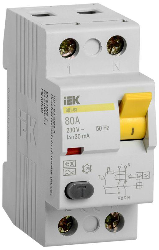 Выключатель дифференциального тока (УЗО) 2п 80А 30мА тип AC ВД1-63 ИЭК MDV10-2-080-030