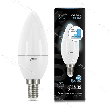 Лампа светодиодная Black 7Вт свеча 4100К нейтр. бел. E14 550лм шаг. диммир. GAUSS 103101207-S